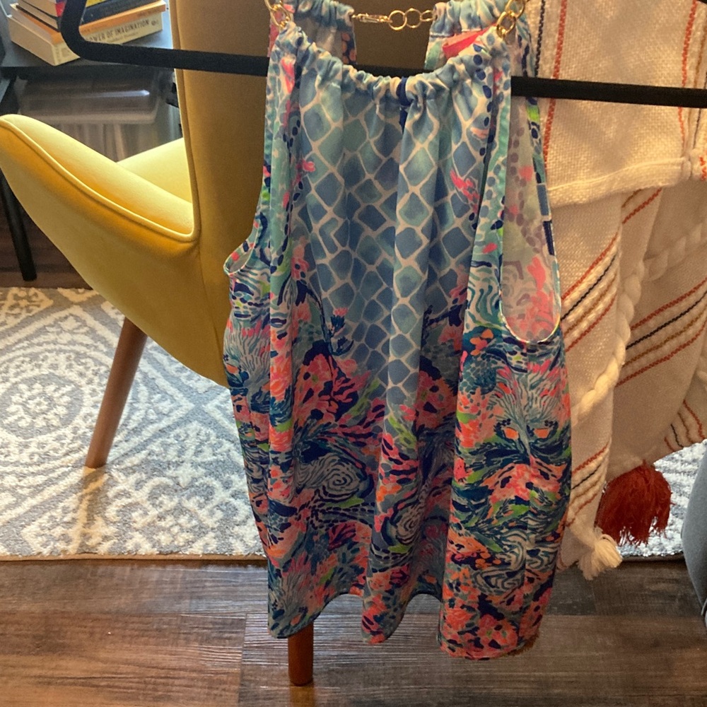 Lilly Pulitzer Blue and Pink Halter shirt with Gold Chain